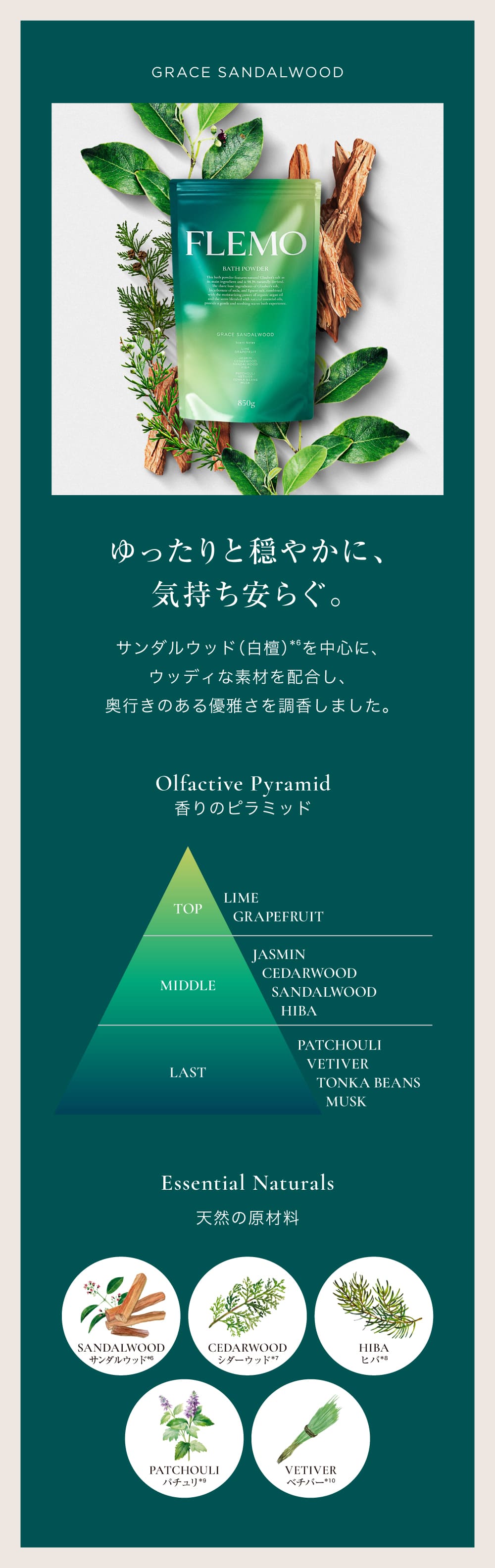 GRACE SANDALWOOD
                                ゆったりと穏やかに、気持ち安らぐ。
                                サンダルウッド（白檀）*⁶を中心に、ウッディな素材を配合し、奥行きのある優雅さを調香しました。